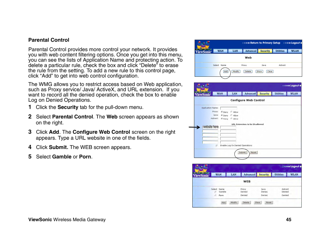 ViewSonic WMG120, WMG80 manual Parental Control 