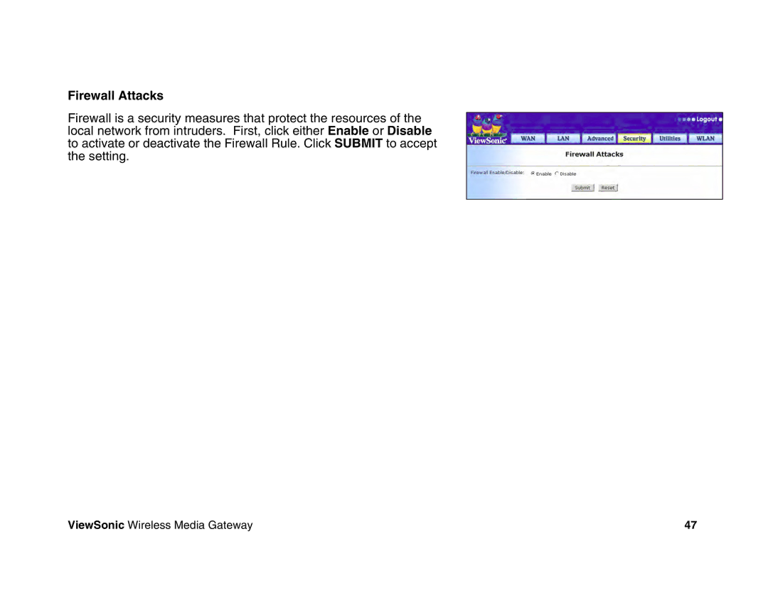 ViewSonic WMG120, WMG80 manual Firewall Attacks 