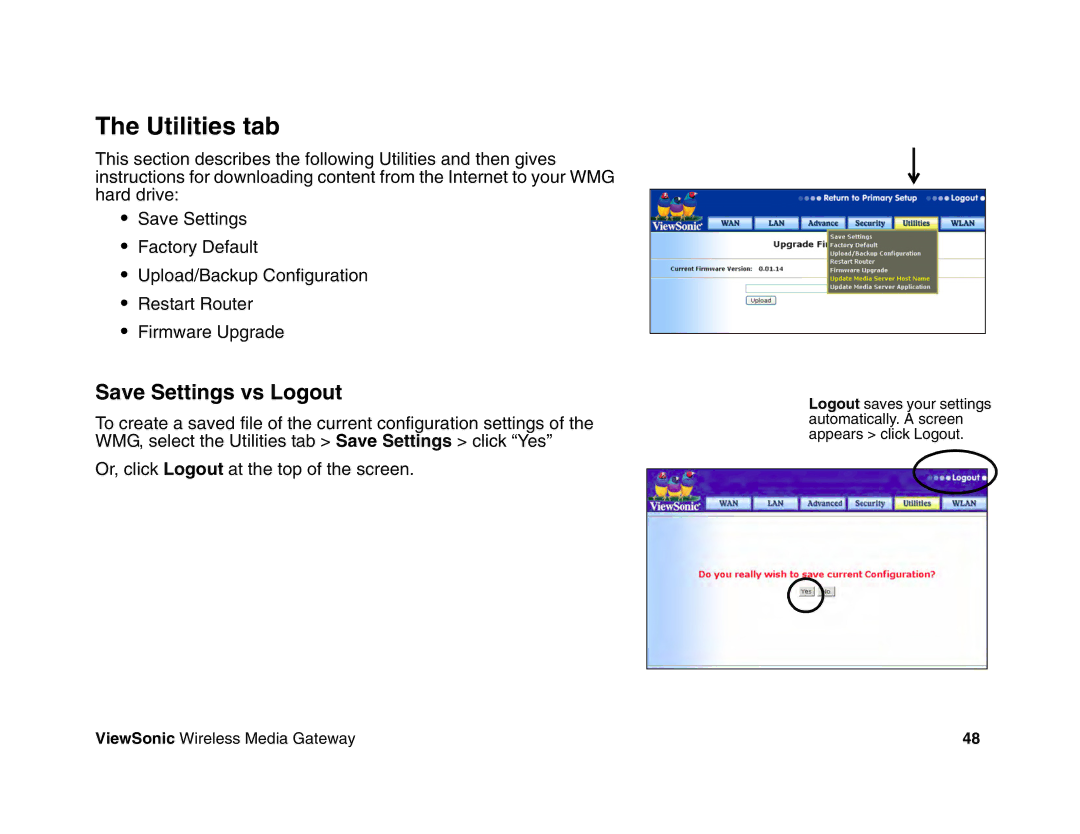 ViewSonic WMG80, WMG120 manual Utilities tab, Save Settings vs Logout 