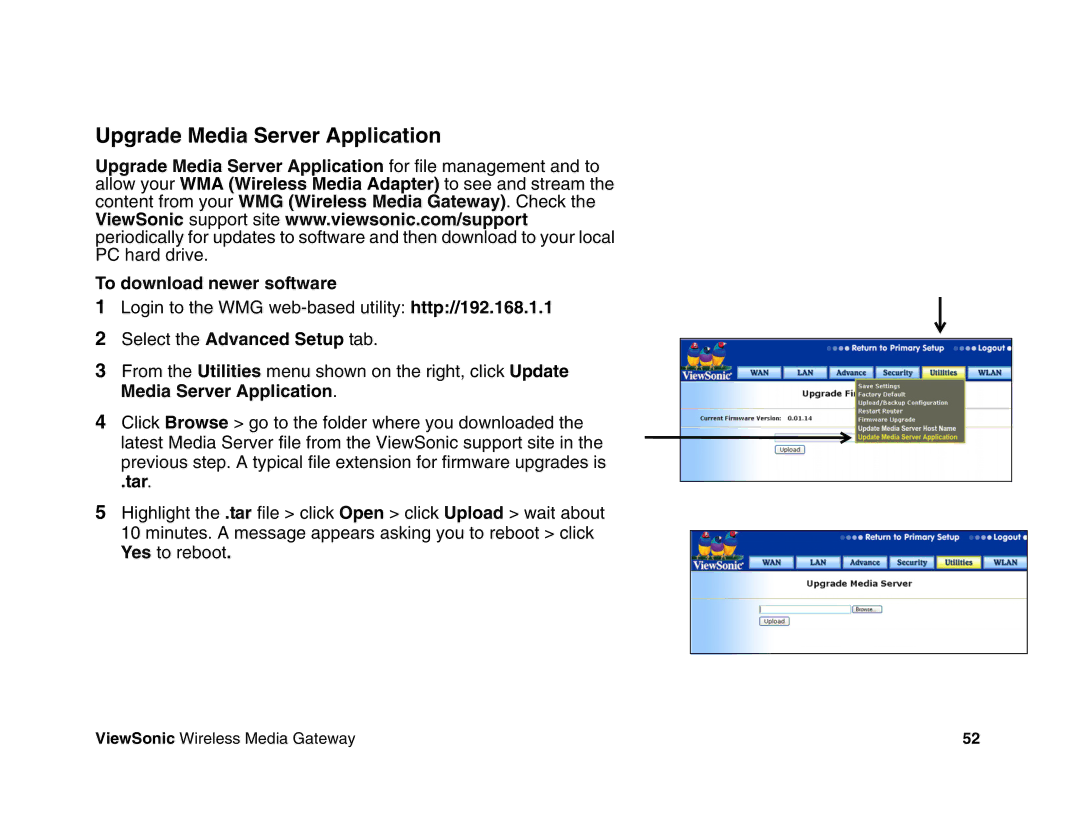 ViewSonic WMG80, WMG120 manual Upgrade Media Server Application, Tar 