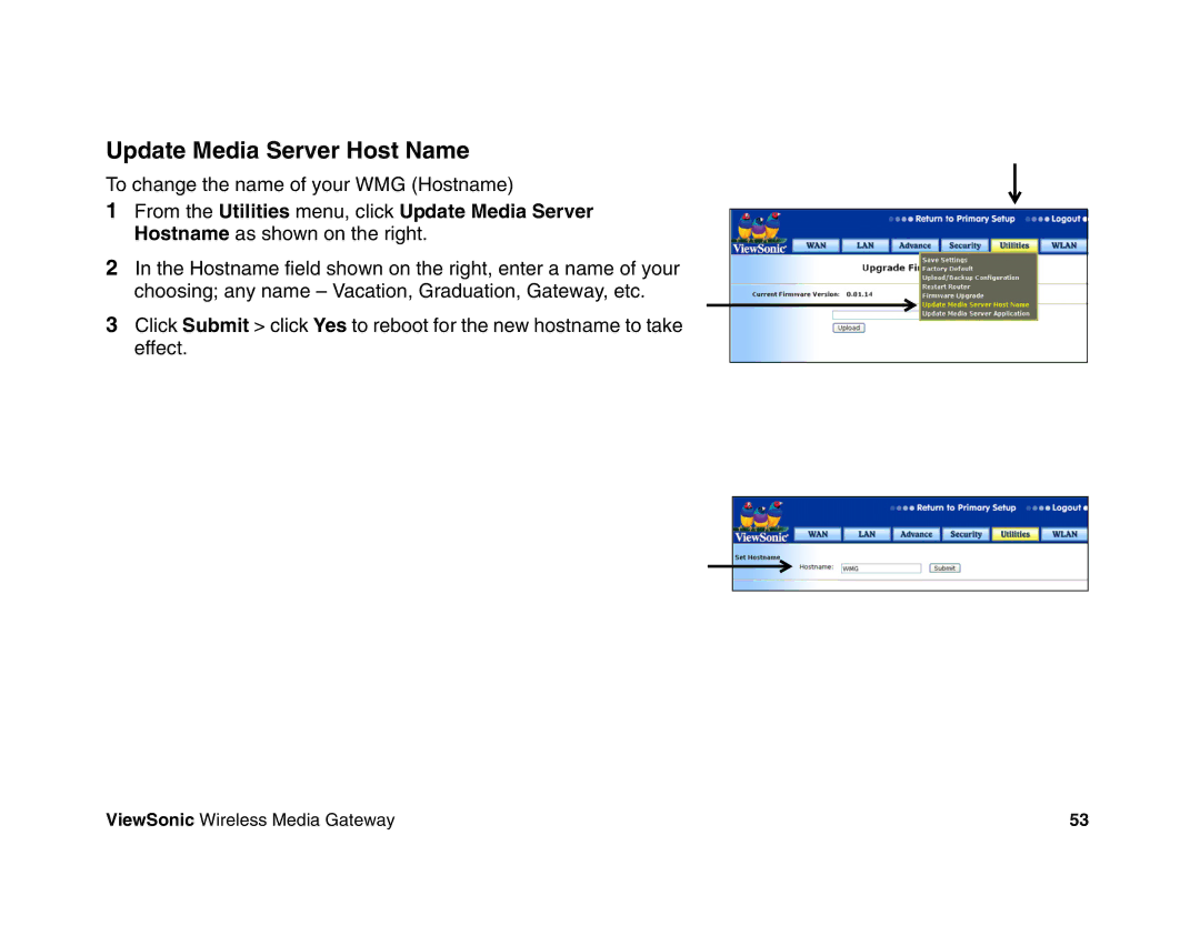 ViewSonic WMG120, WMG80 manual Update Media Server Host Name 