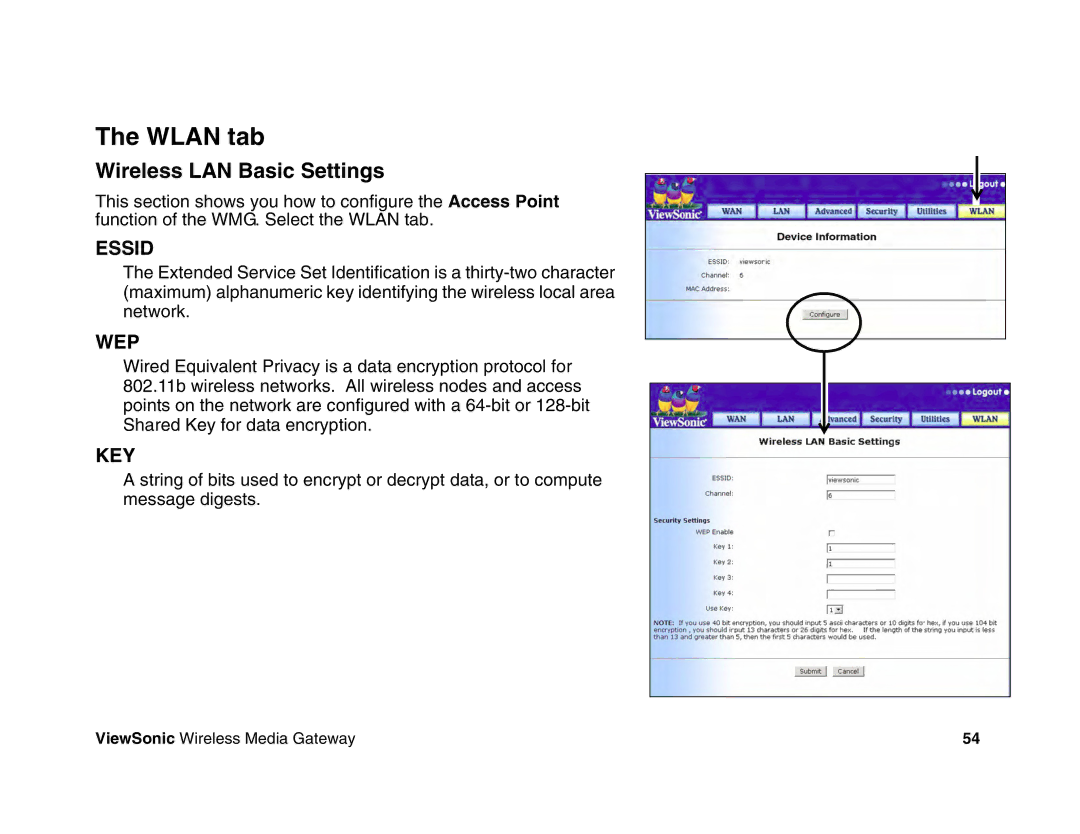 ViewSonic WMG80, WMG120 manual Wlan tab, Wireless LAN Basic Settings 