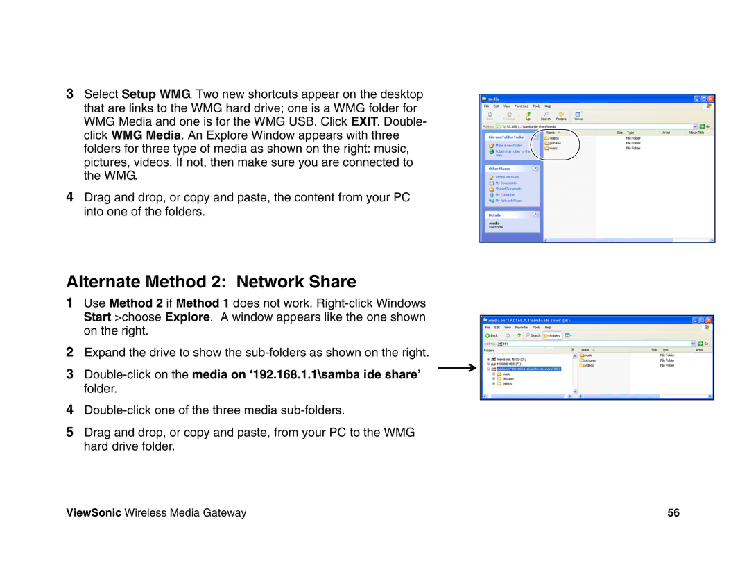 ViewSonic WMG80, WMG120 manual Alternate Method 2 Network Share 