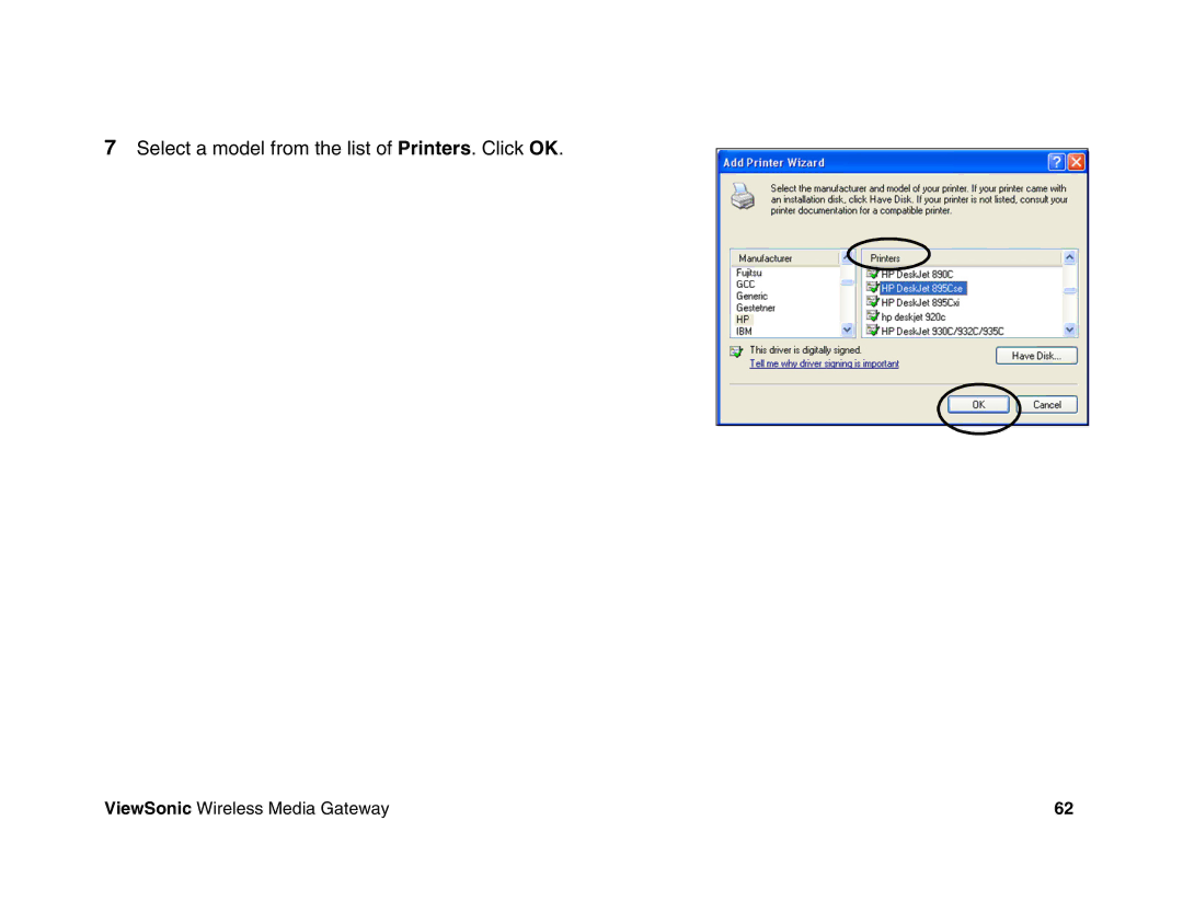 ViewSonic WMG80, WMG120 manual Select a model from the list of Printers. Click OK 