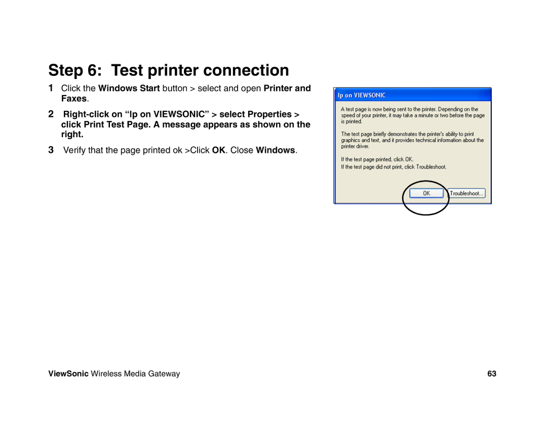 ViewSonic WMG120, WMG80 manual Test printer connection 