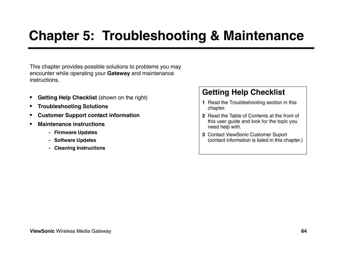 ViewSonic WMG80, WMG120 manual Troubleshooting & Maintenance, Getting Help Checklist 