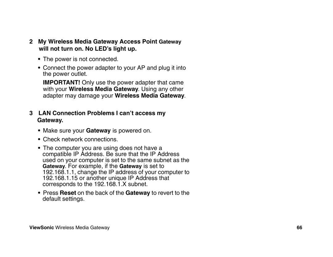 ViewSonic WMG80, WMG120 manual LAN Connection Problems I can’t access my Gateway 