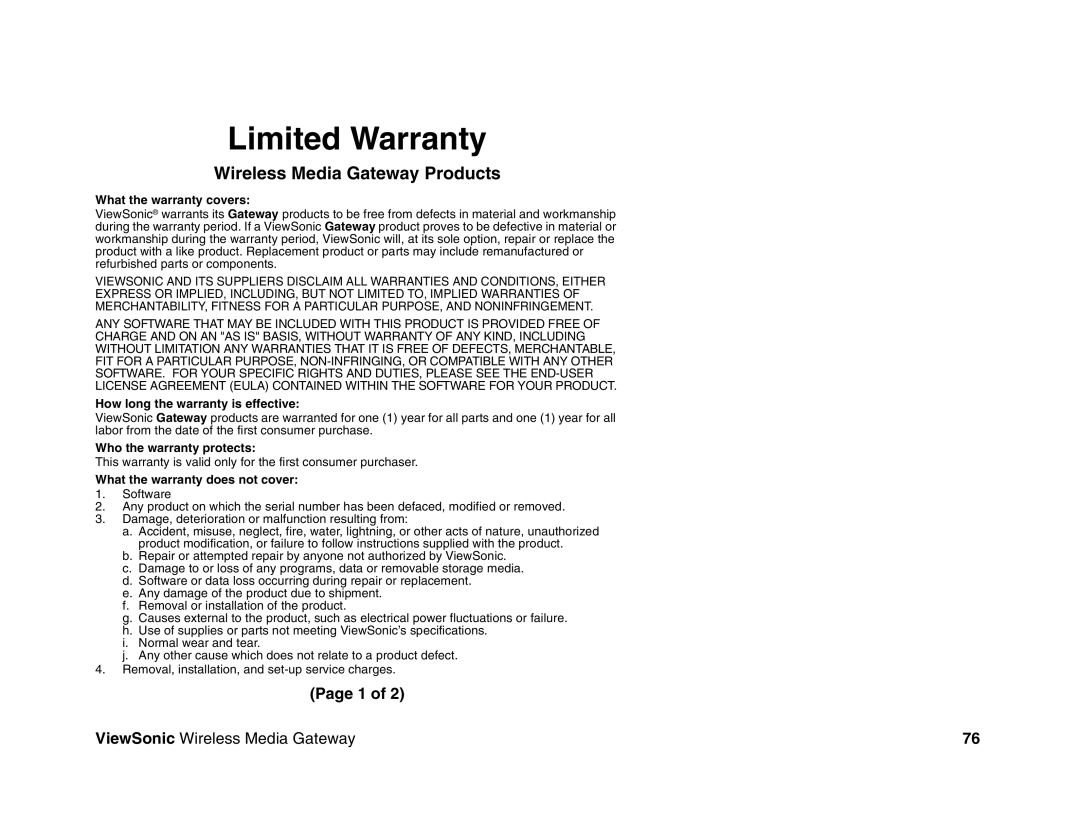 ViewSonic WMG80, WMG120 manual Limited Warranty, Wireless Media Gateway Products 