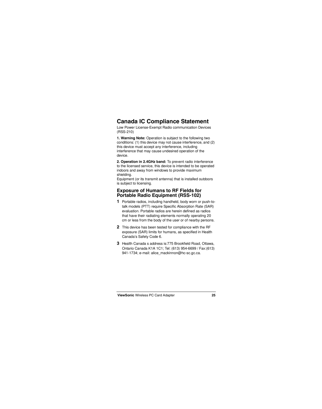 ViewSonic WPCC100 manual Canada IC Compliance Statement 