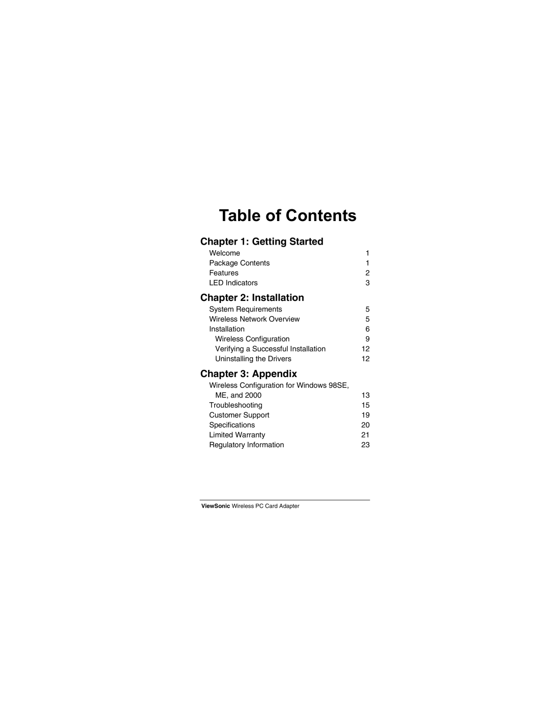 ViewSonic WPCC100 manual Table of Contents 