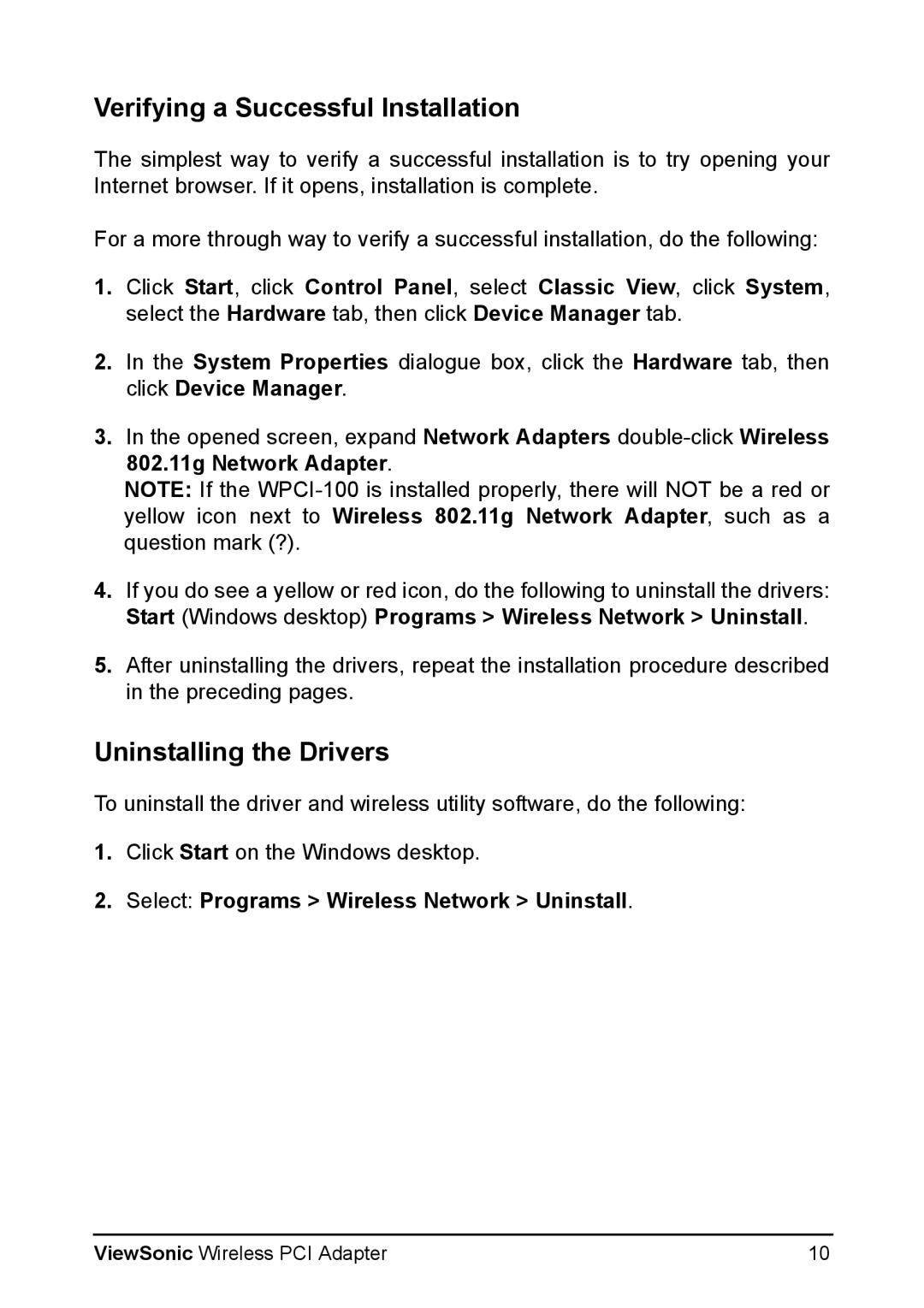 ViewSonic WPCI-100 manual Verifying a Successful Installation, Uninstalling the Drivers 