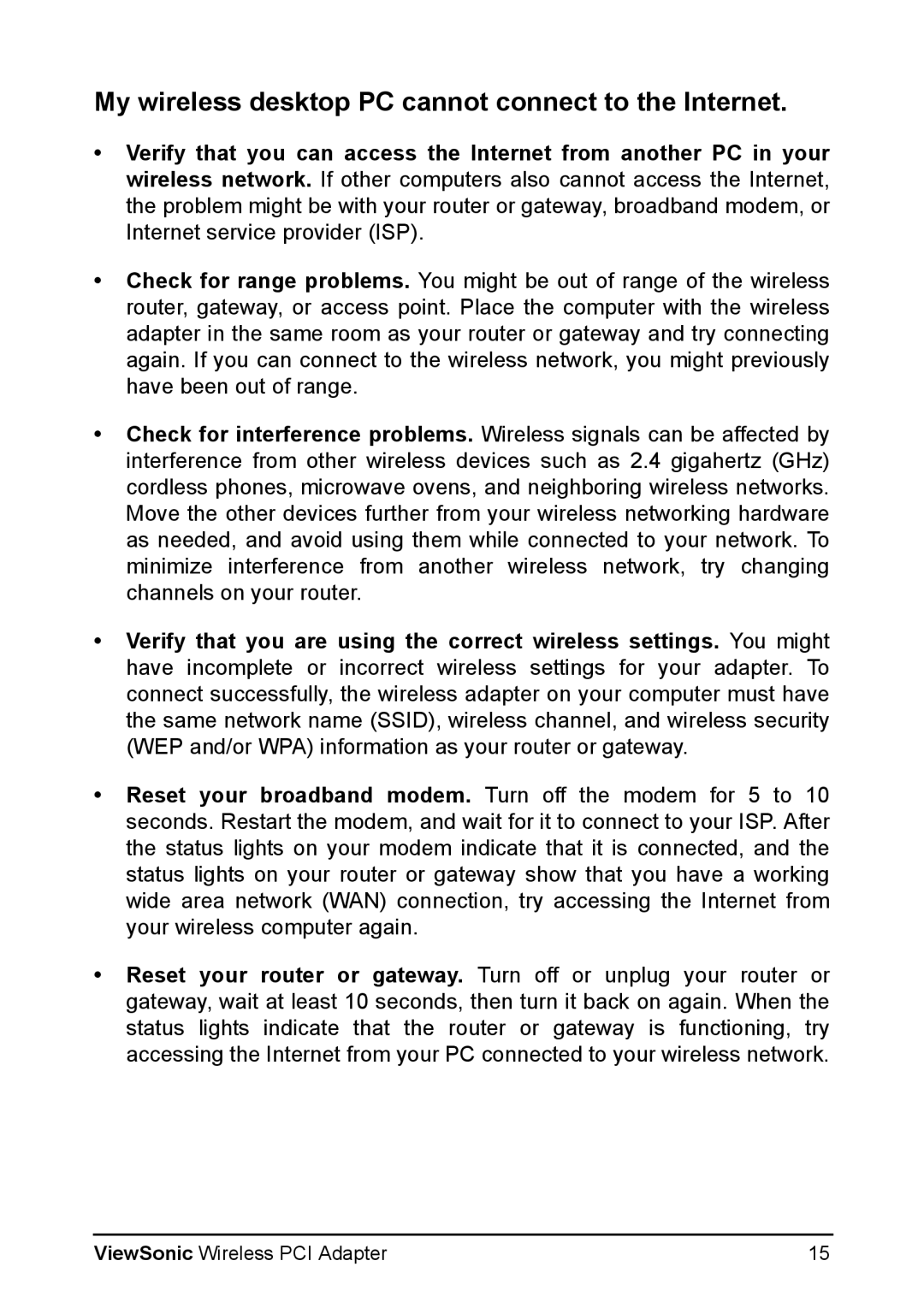 ViewSonic WPCI-100 manual My wireless desktop PC cannot connect to the Internet 