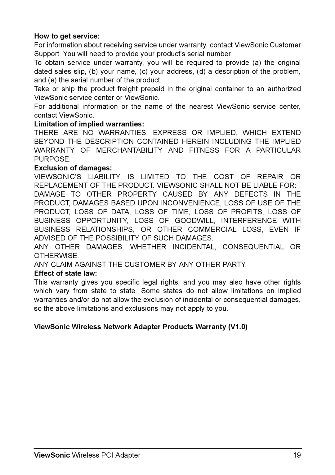 ViewSonic WPCI-100 manual ViewSonic Wireless Network Adapter Products Warranty 