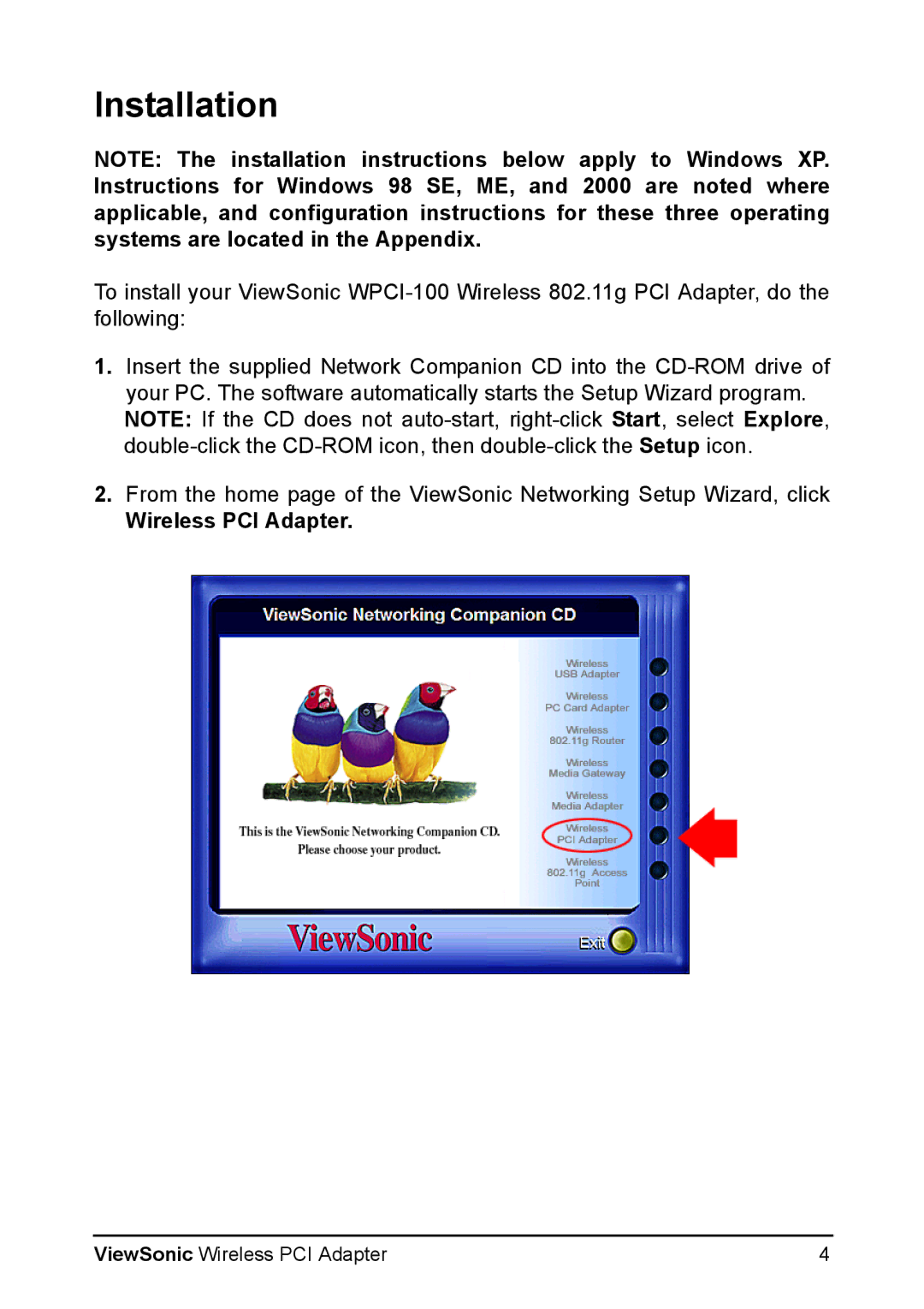 ViewSonic WPCI-100 manual Installation, Wireless PCI Adapter 