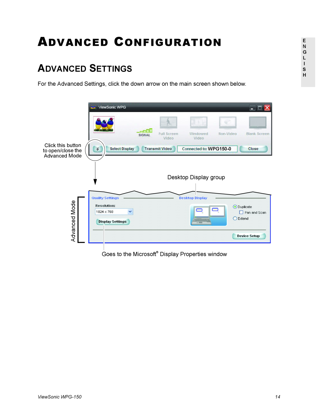 ViewSonic WPG-150 Advanced Configuration, Advanced Settings, Click this button, Advanced Mode, E N G L I S H, WPG150-0 