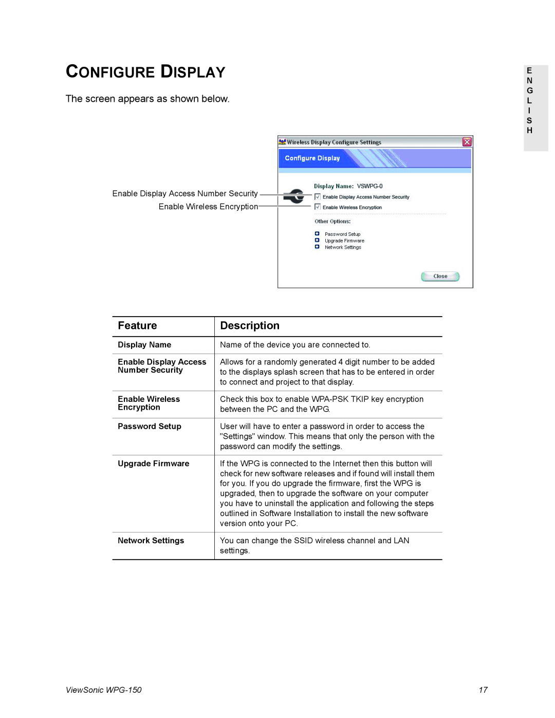 ViewSonic WPG-150 manual Configure Display, Feature, Description, Display Name, Enable Display Access, Number Security 