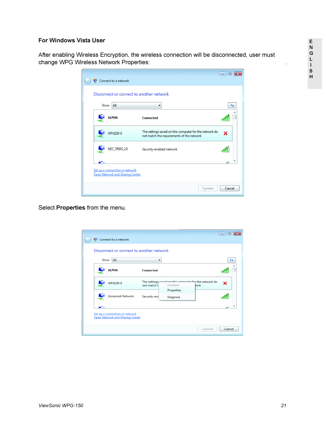 ViewSonic WPG-150 manual For Windows Vista User, change WPG Wireless Network Properties, Select Properties from the menu 