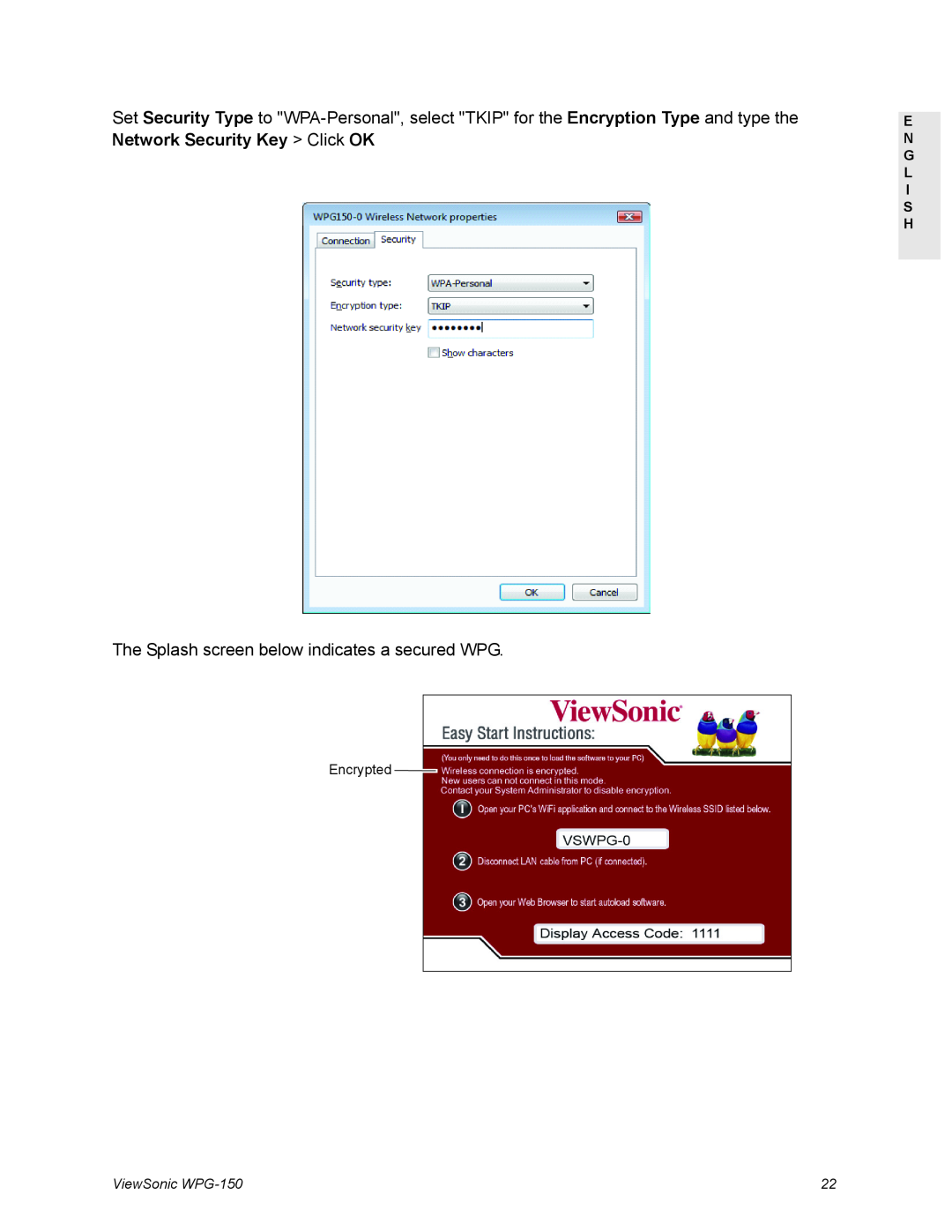 ViewSonic manual The Splash screen below indicates a secured WPG, Encrypted, E N G L I S H, ViewSonic WPG-150 