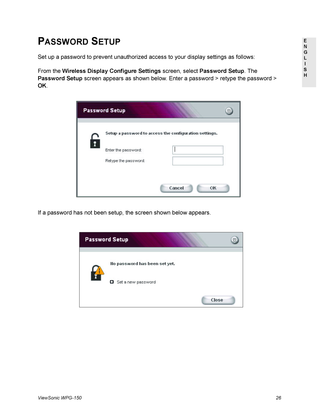 ViewSonic WPG-150 manual Password Setup 