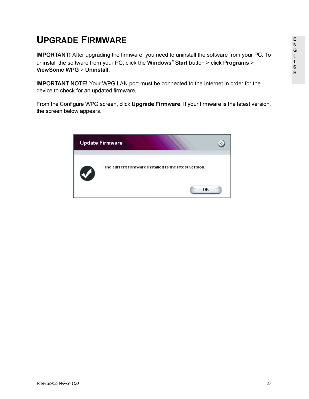 ViewSonic WPG-150 manual Upgrade Firmware 