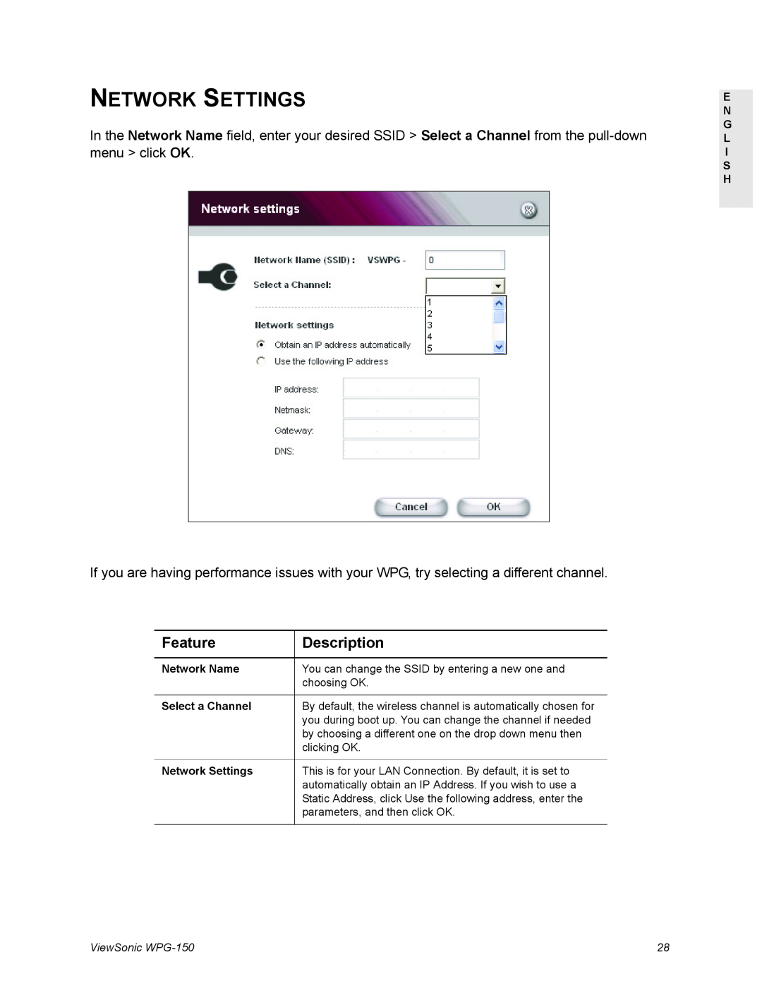 ViewSonic WPG-150 manual Network Settings, Feature, Description 