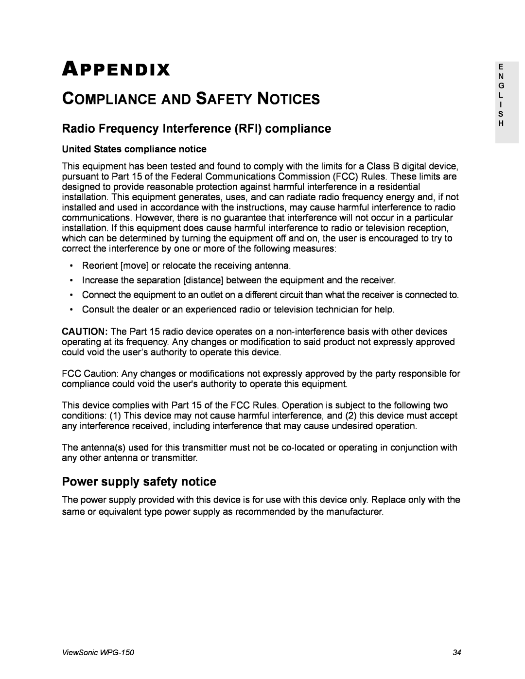 ViewSonic WPG-150 manual A Ppendix, Compliance And Safety Notices, Radio Frequency Interference RFI compliance 