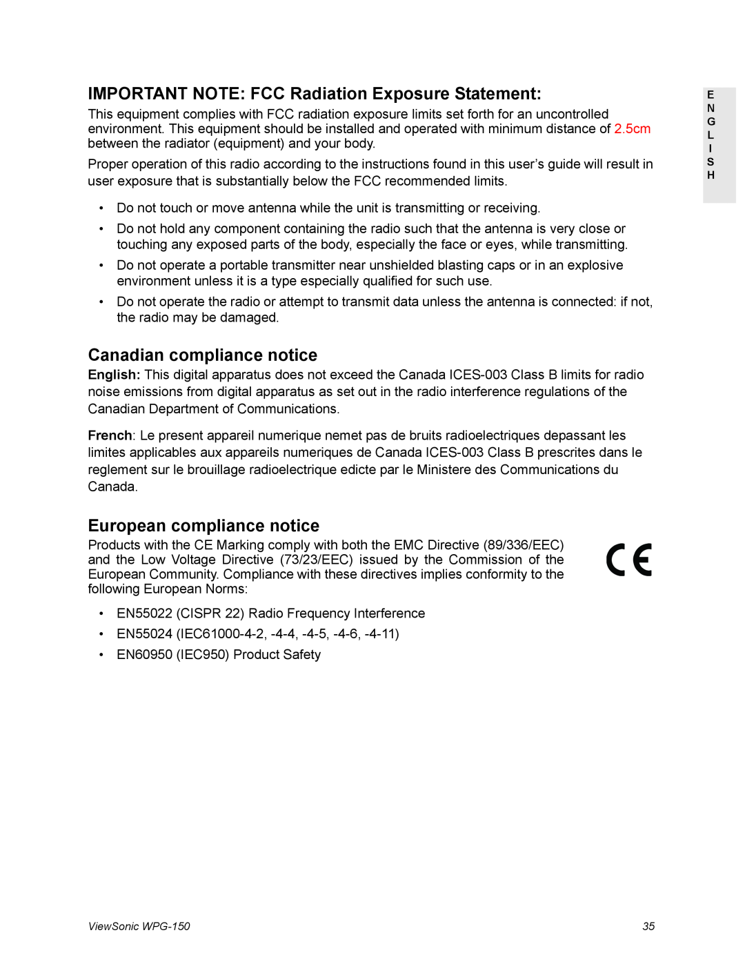 ViewSonic WPG-150 IMPORTANT NOTE FCC Radiation Exposure Statement, Canadian compliance notice, European compliance notice 