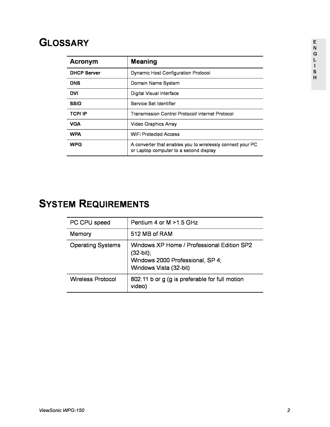 ViewSonic WPG-150 manual Glossary, System Requirements, Acronym, Meaning 