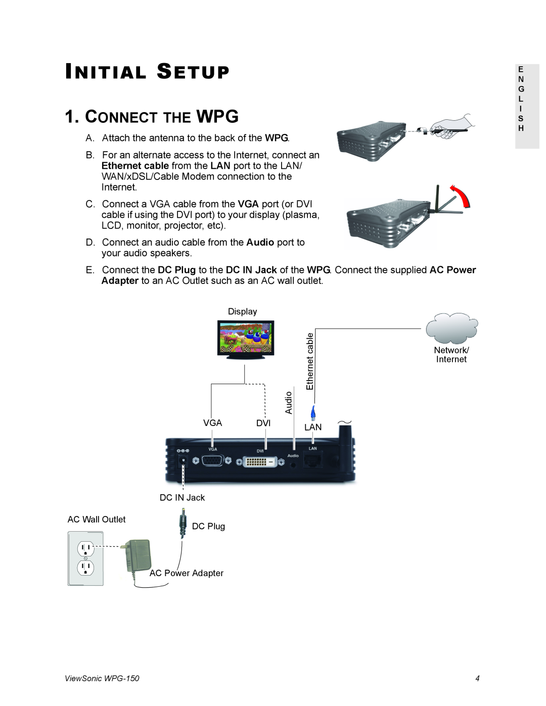ViewSonic WPG-150 manual Initial Setup, Connect The Wpg 