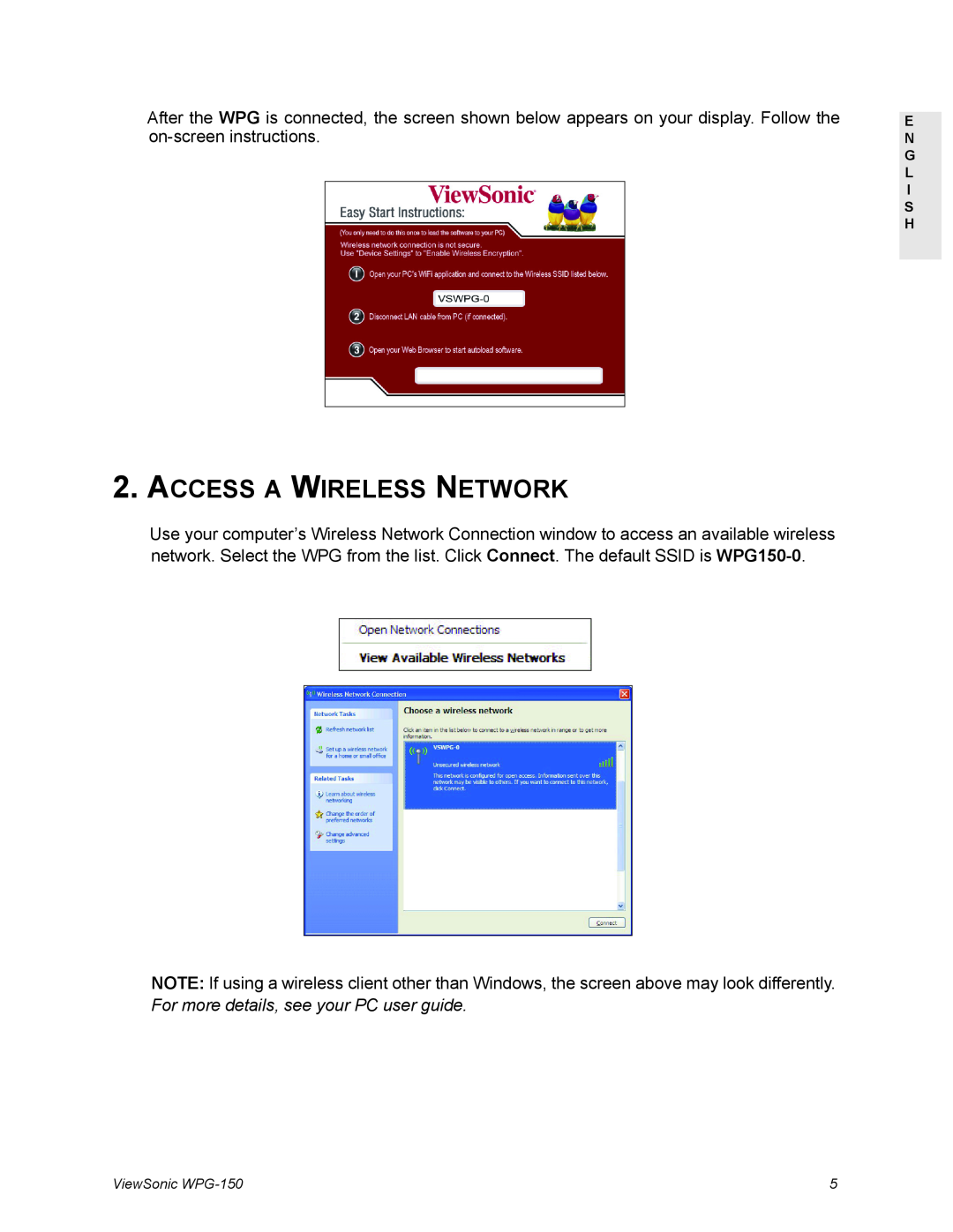 ViewSonic WPG-150 manual Access A Wireless Network, on-screen instructions 