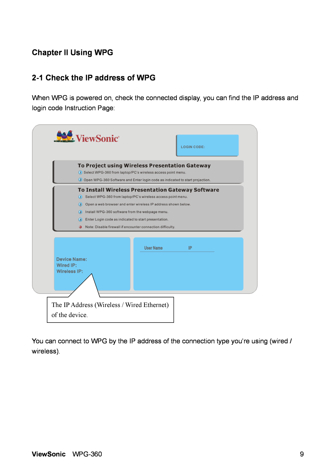 ViewSonic manual Chapter II Using WPG 2-1 Check the IP address of WPG, ViewSonic WPG-360 