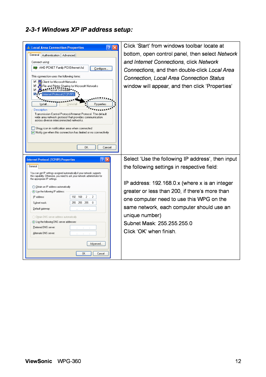 ViewSonic manual Windows XP IP address setup, ViewSonic WPG-360 