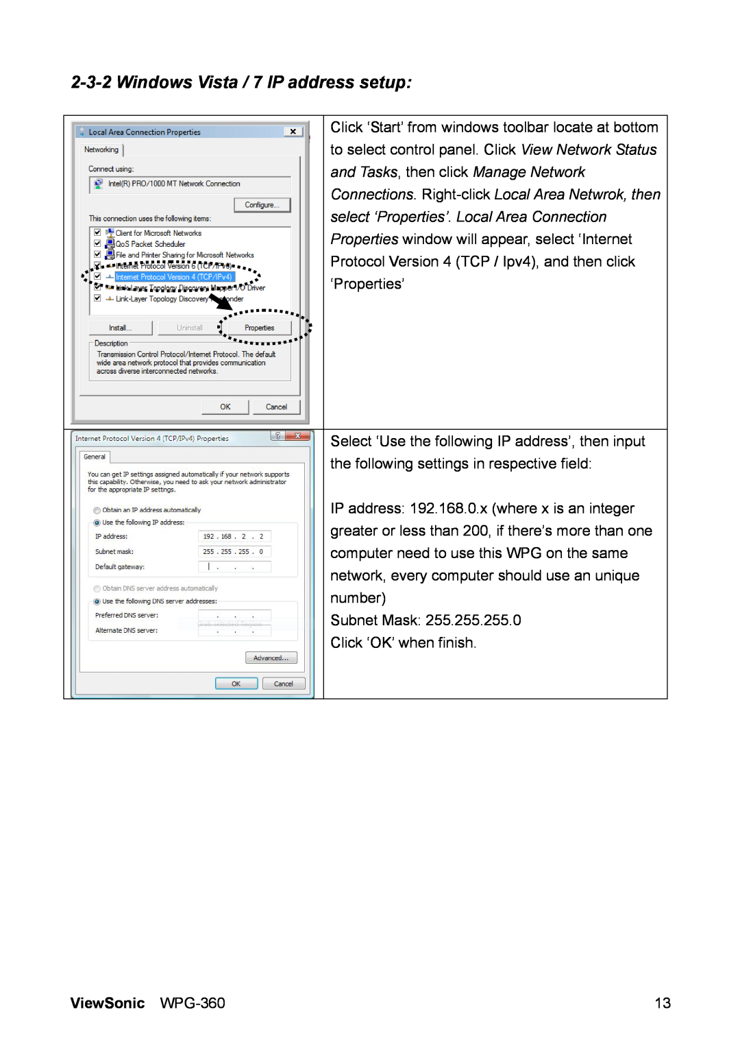 ViewSonic manual Windows Vista / 7 IP address setup, ViewSonic WPG-360 