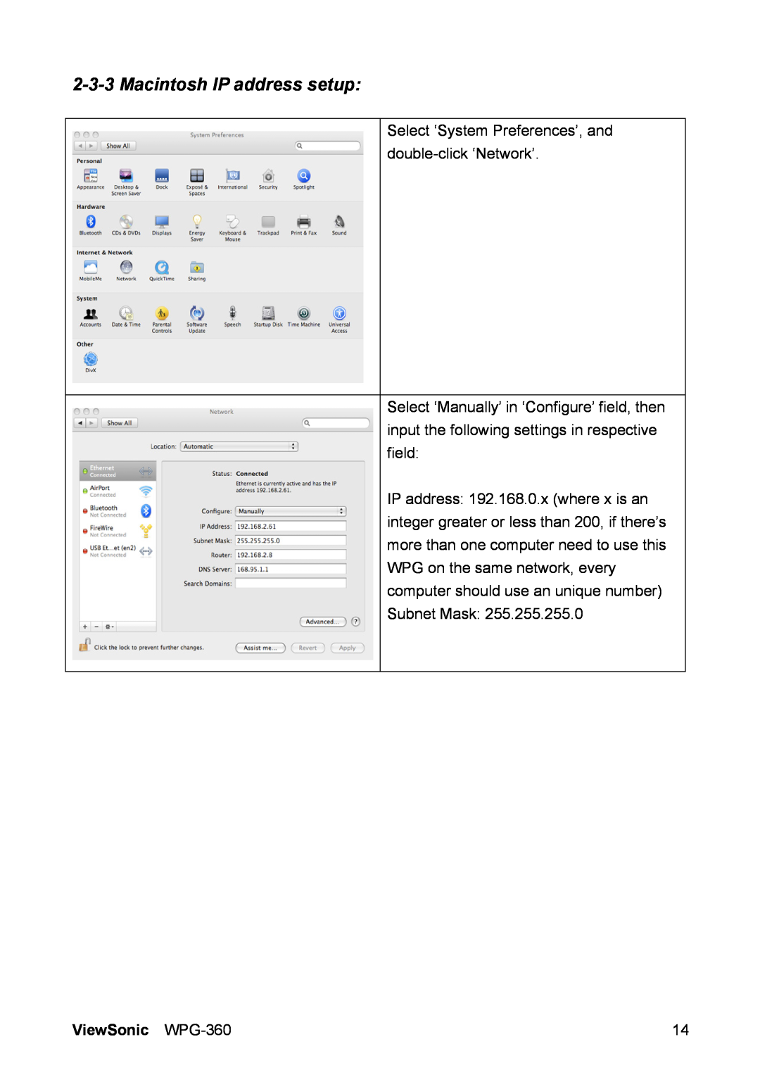 ViewSonic manual Macintosh IP address setup, ViewSonic WPG-360 