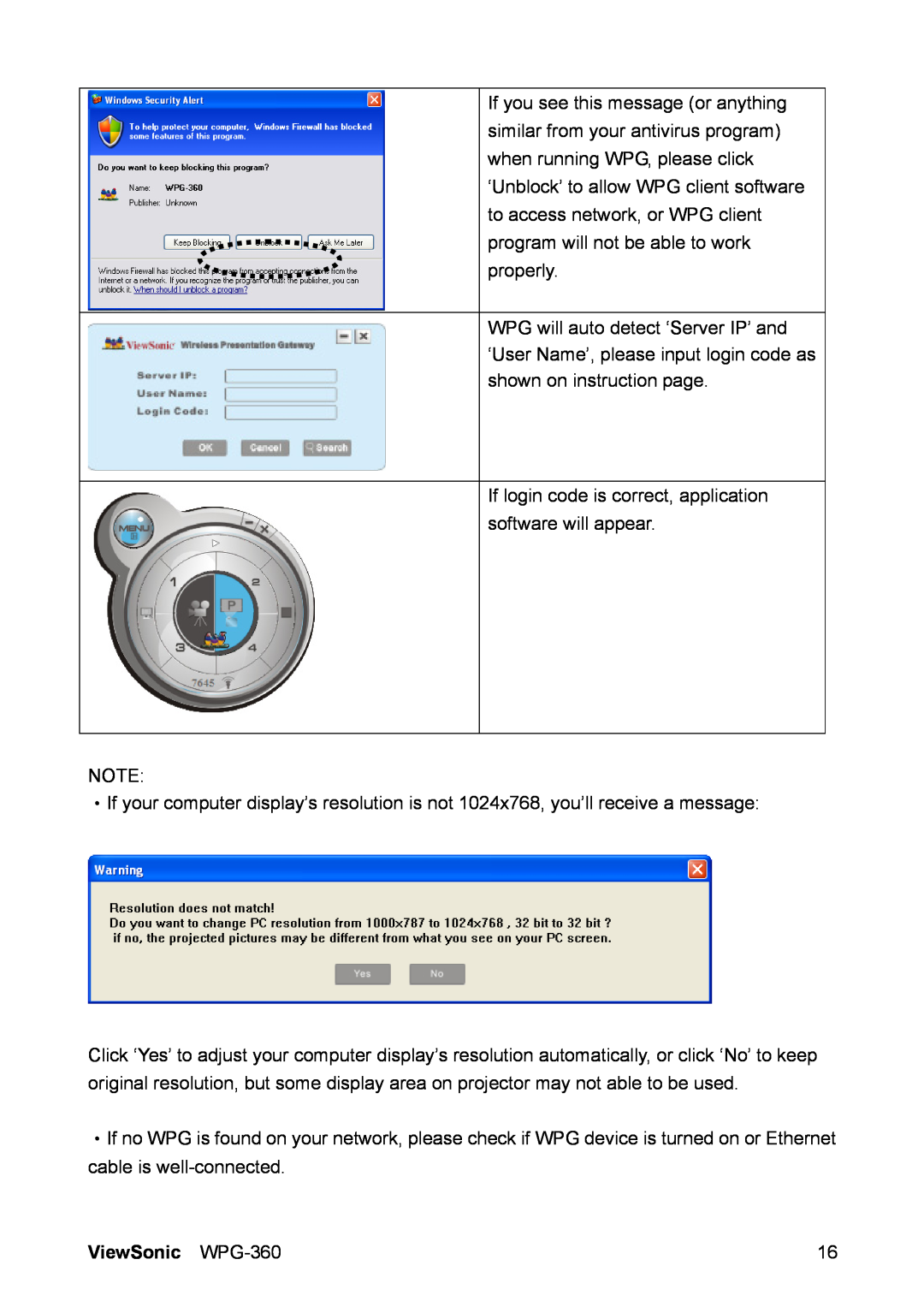 ViewSonic manual If login code is correct, application software will appear, ViewSonic WPG-360 