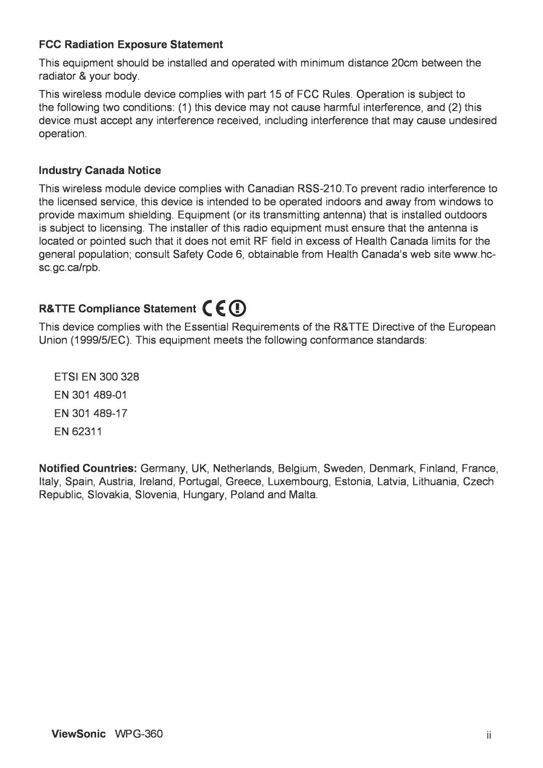 ViewSonic manual FCC Radiation Exposure Statement, Industry Canada Notice, R&TTE Compliance Statement, ViewSonic WPG-360 