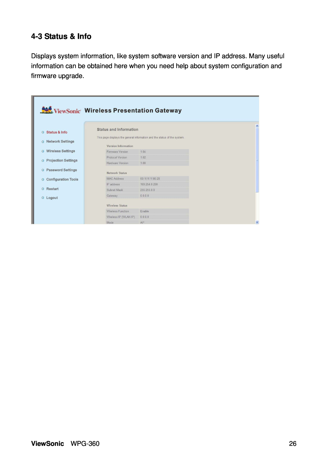 ViewSonic manual Status & Info, ViewSonic WPG-360 