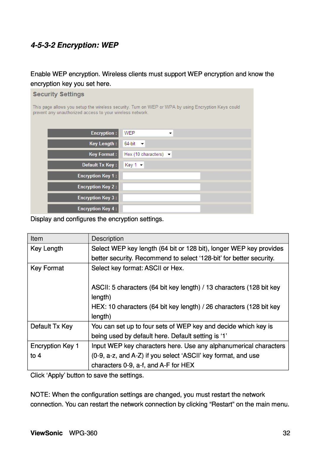 ViewSonic manual Encryption WEP, ViewSonic WPG-360 