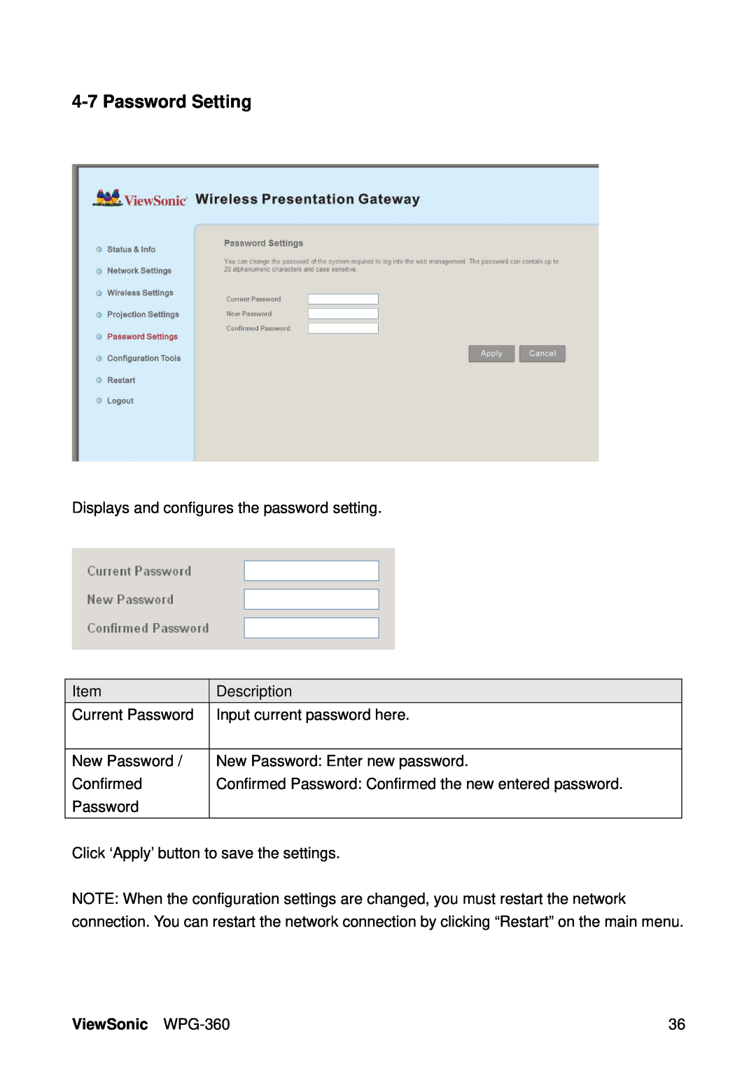 ViewSonic manual Password Setting, ViewSonic WPG-360 