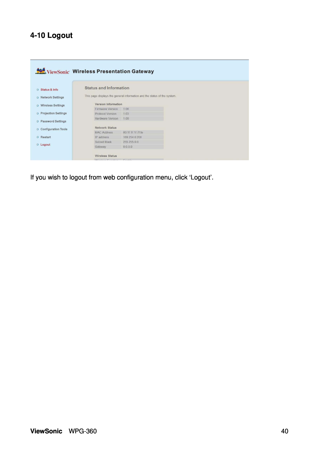 ViewSonic manual If you wish to logout from web configuration menu, click ‘Logout’, ViewSonic WPG-360 