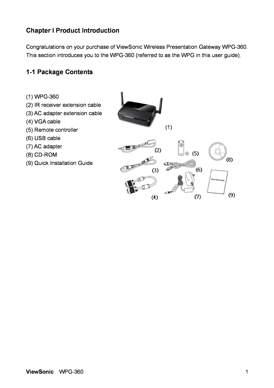 ViewSonic manual Chapter I Product Introduction, Package Contents, VGA cable, Remote controller, ViewSonic WPG-360 