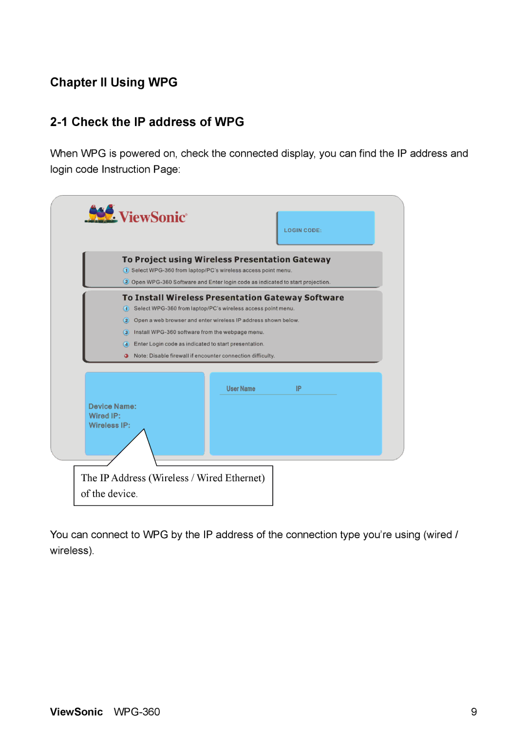 ViewSonic WPG-360 manual Chapter II Using WPG Check the IP address of WPG 