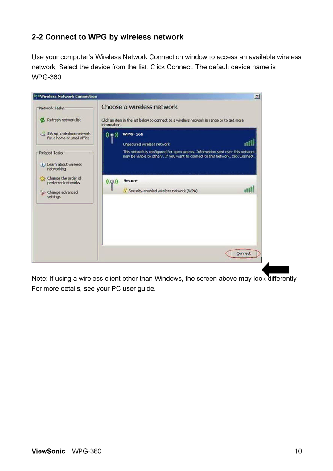 ViewSonic WPG-360 manual Connect to WPG by wireless network 