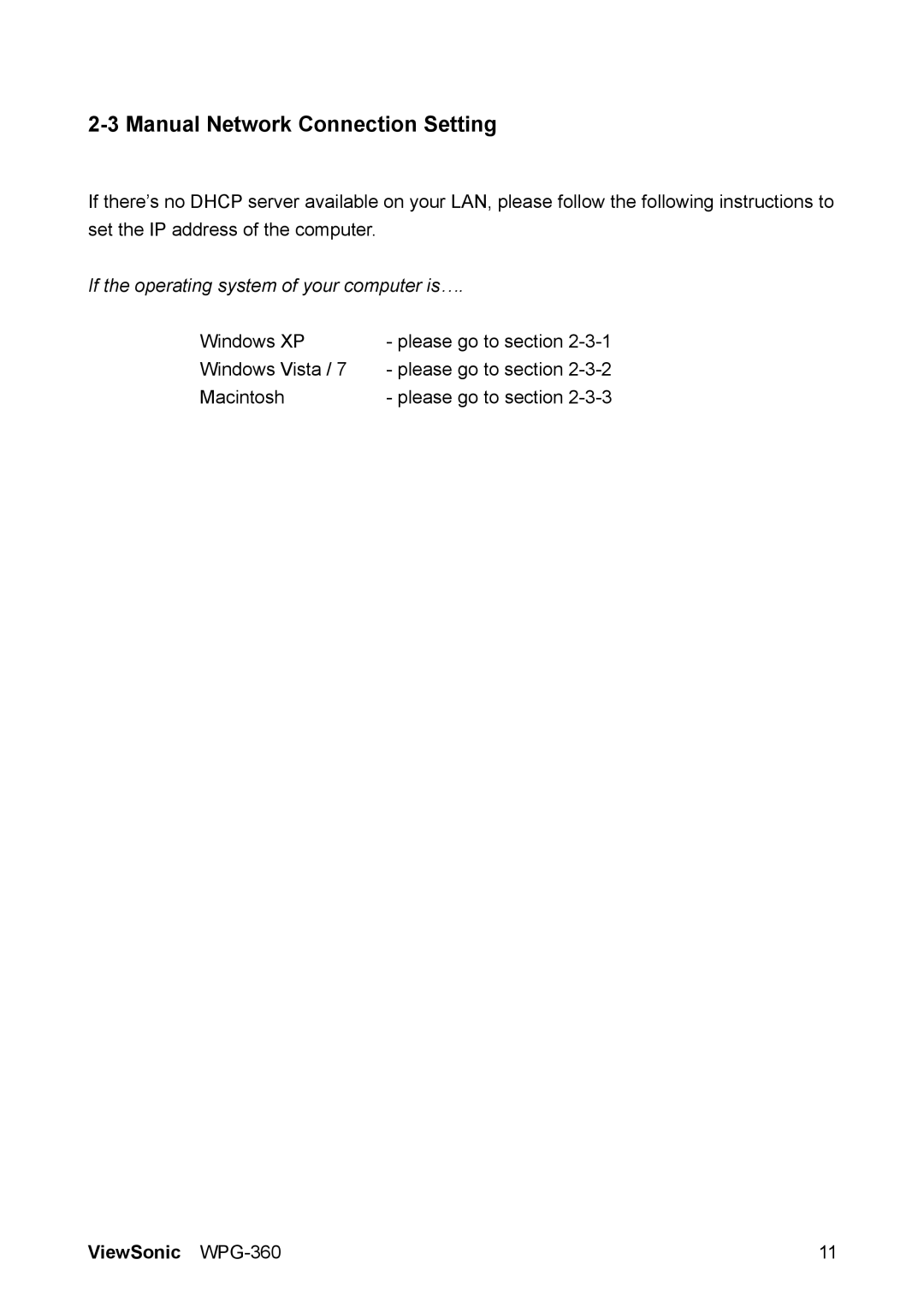 ViewSonic WPG-360 manual Manual Network Connection Setting 