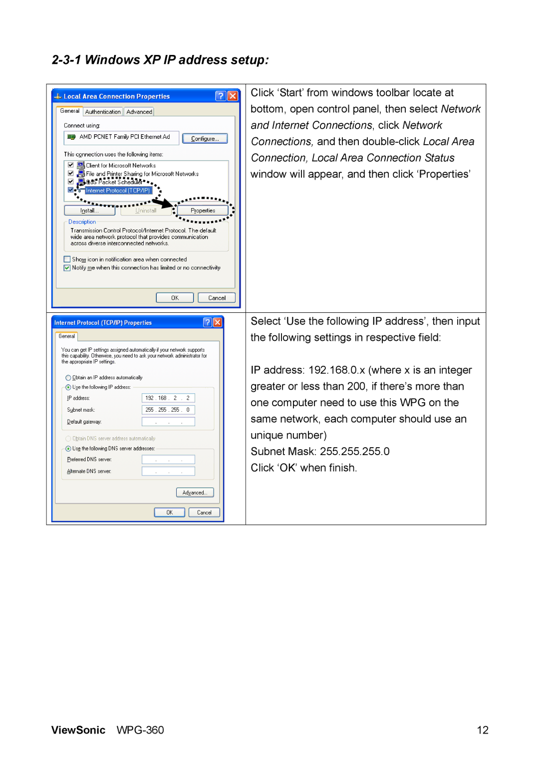 ViewSonic WPG-360 manual Windows XP IP address setup 