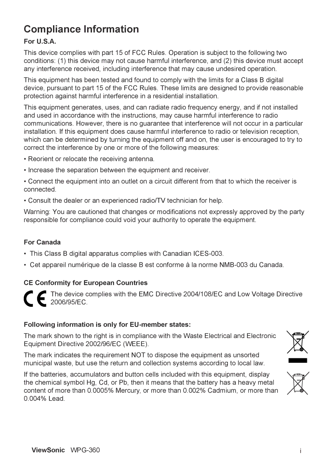 ViewSonic WPG-360 manual Compliance Information 