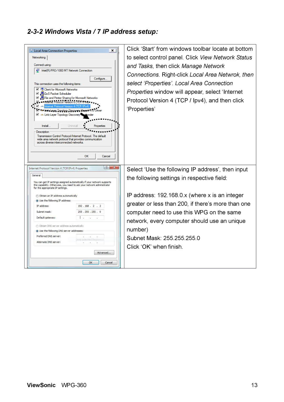 ViewSonic WPG-360 manual Windows Vista / 7 IP address setup 