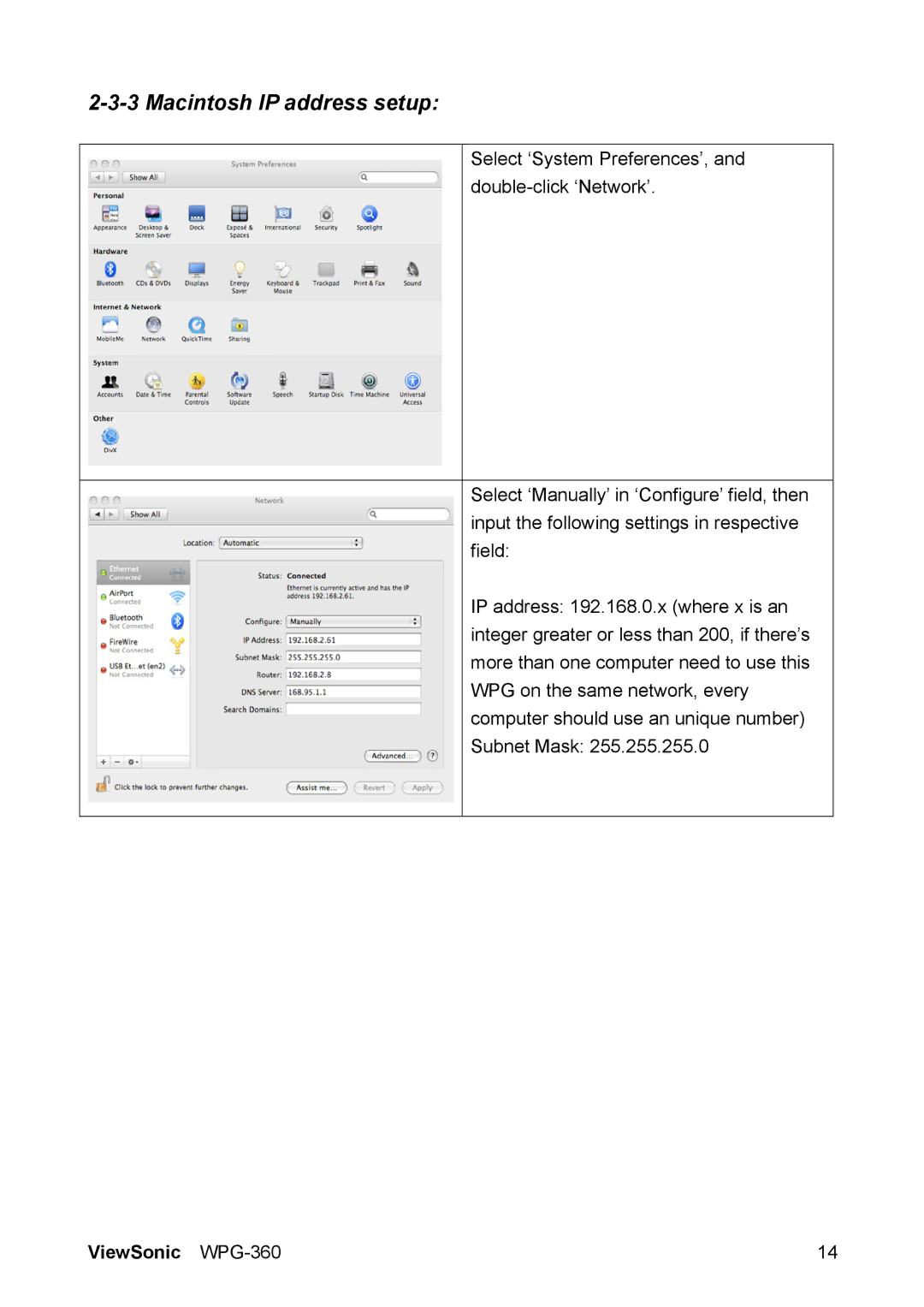 ViewSonic WPG-360 manual Macintosh IP address setup 