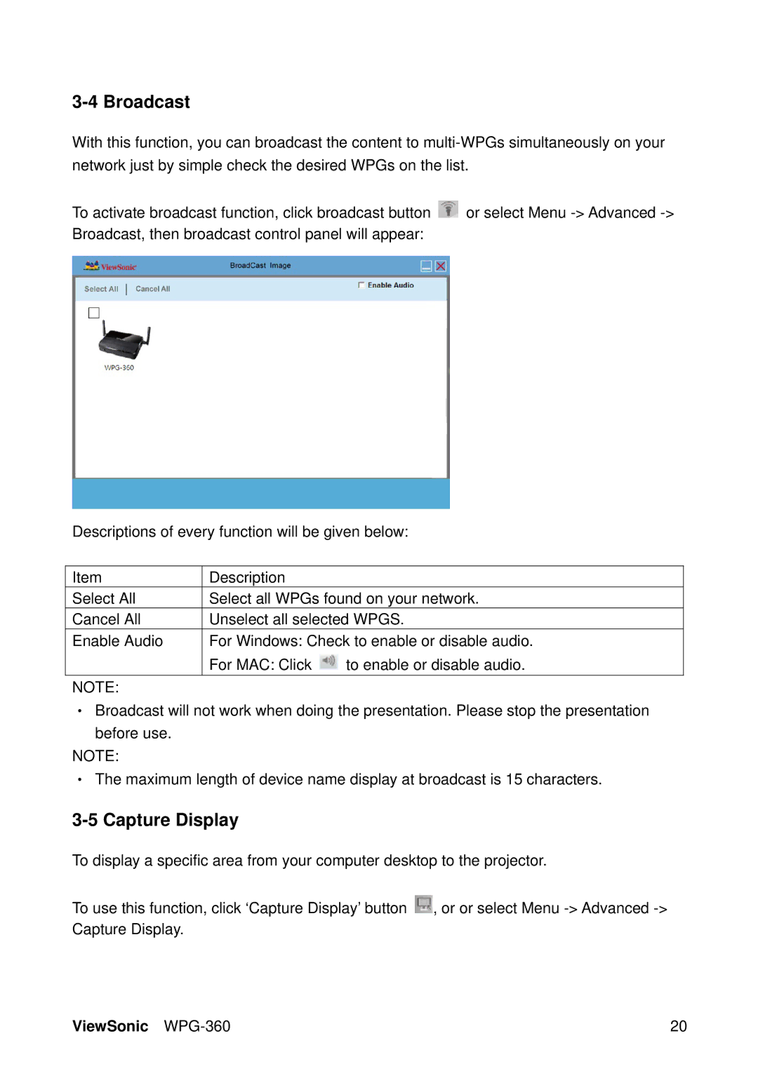 ViewSonic WPG-360 manual Broadcast, Capture Display 