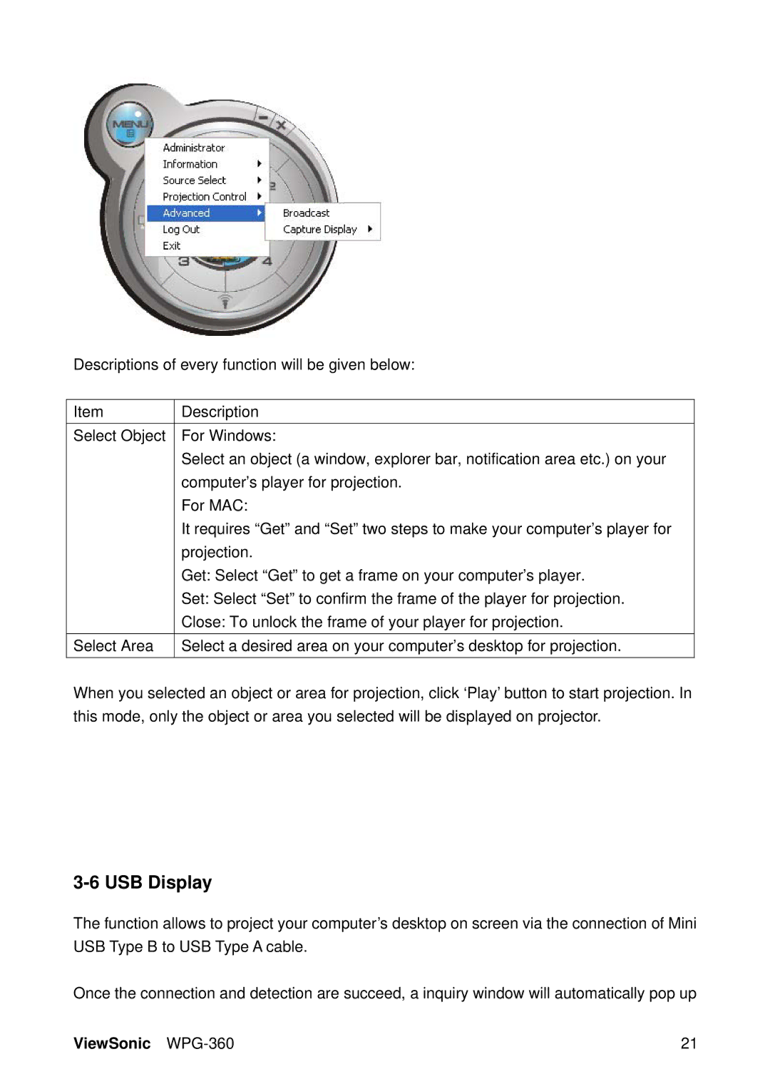 ViewSonic WPG-360 manual USB Display 